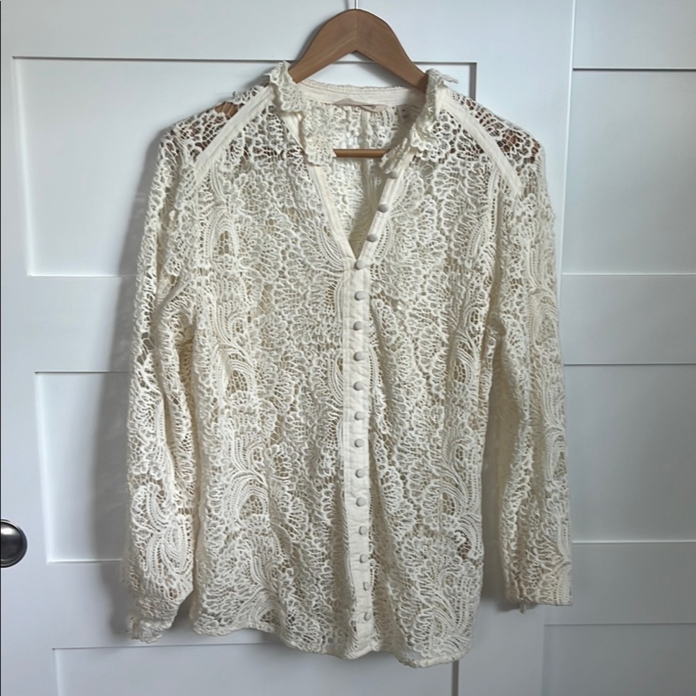 Soft Surroundings Elegant Cream Lace Button-Up Top